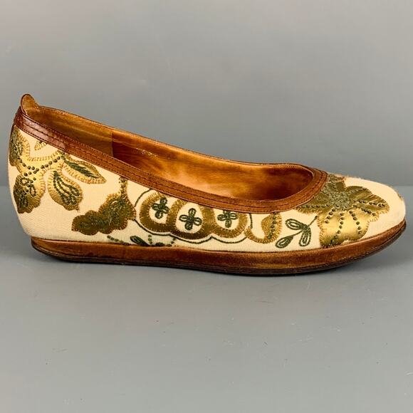 DRIES VAN NOTEN Size 7.5 Cream Gold Fabric Embroidered Leaves Wedge Flats - Picture 2 of 8